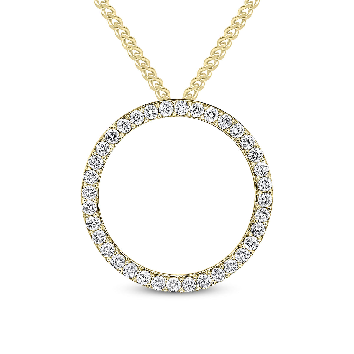 18CT YELLOW GOLD ROUND DIAMOND CLAW SET OPEN CIRCLE SLIDER PENDANT. 25MM