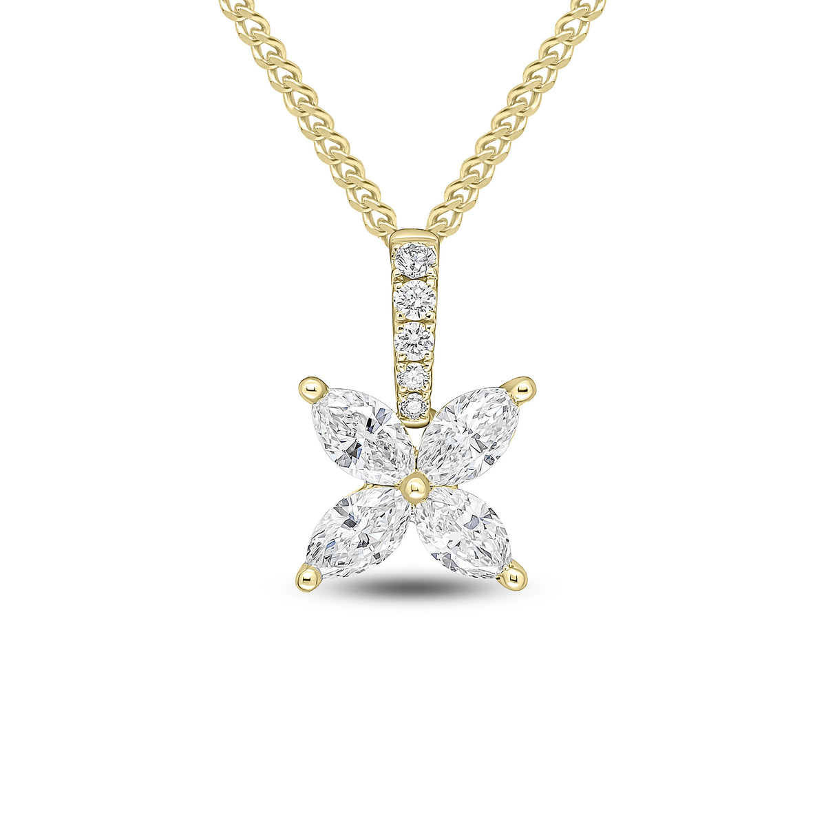18CT YG MARQUISE DIAMOND 4ST FLOWER CLAW SET PENDANT WITH DIAMOND LOOP