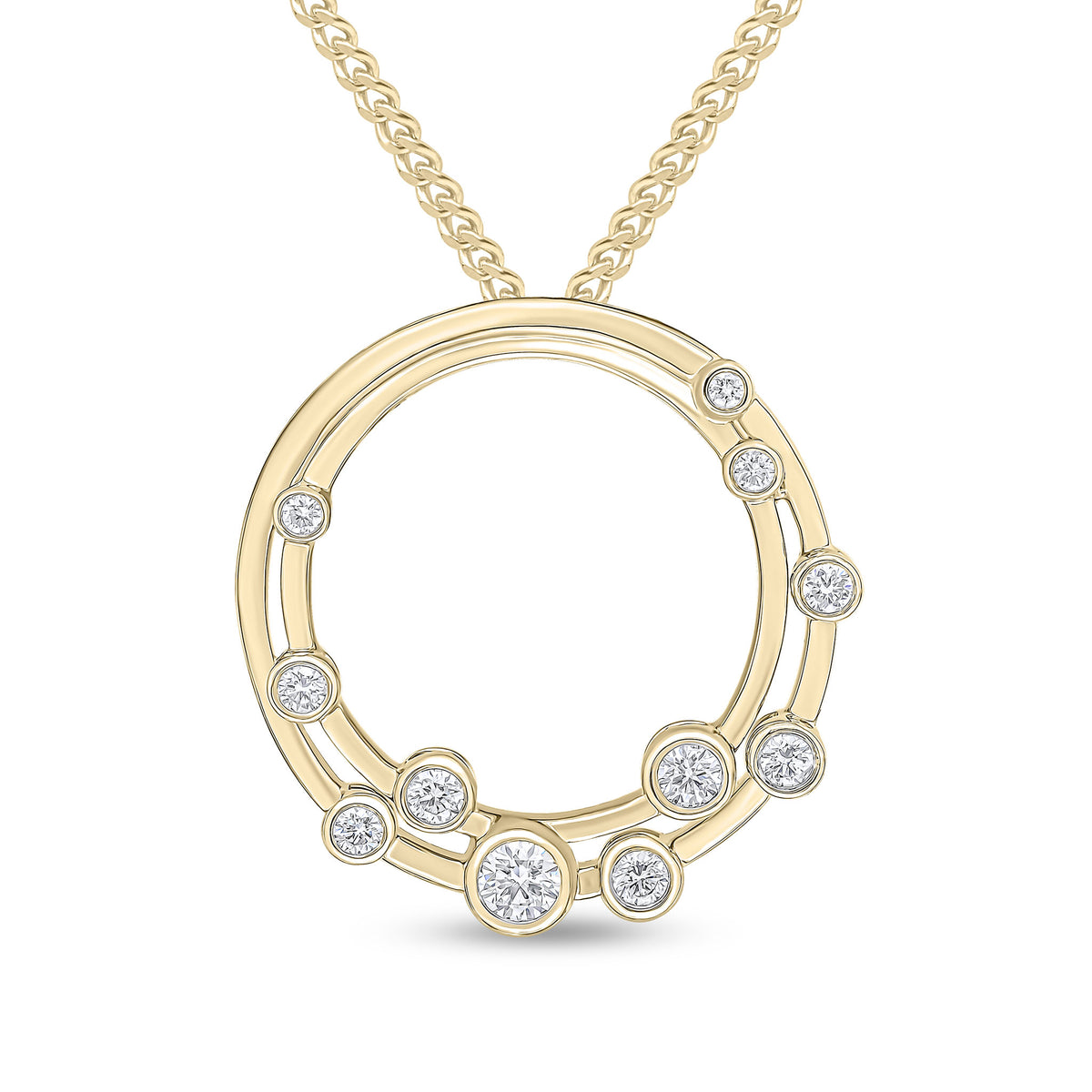 18CT YG RUBOVER ROUND DIAMOND 'BUBBLE' DOUBLE CIRCLE SLIDER PENDANT. 24MM DIAMETER
