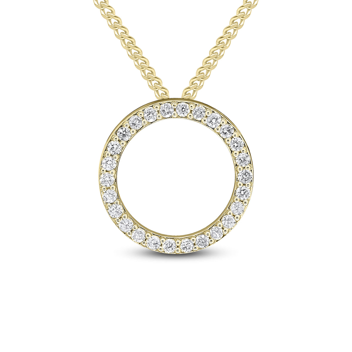 18CT YELLOW GOLD ROUND DIAMOND CLAW SET OPEN CIRCLE SLIDER PENDANT. 20MM