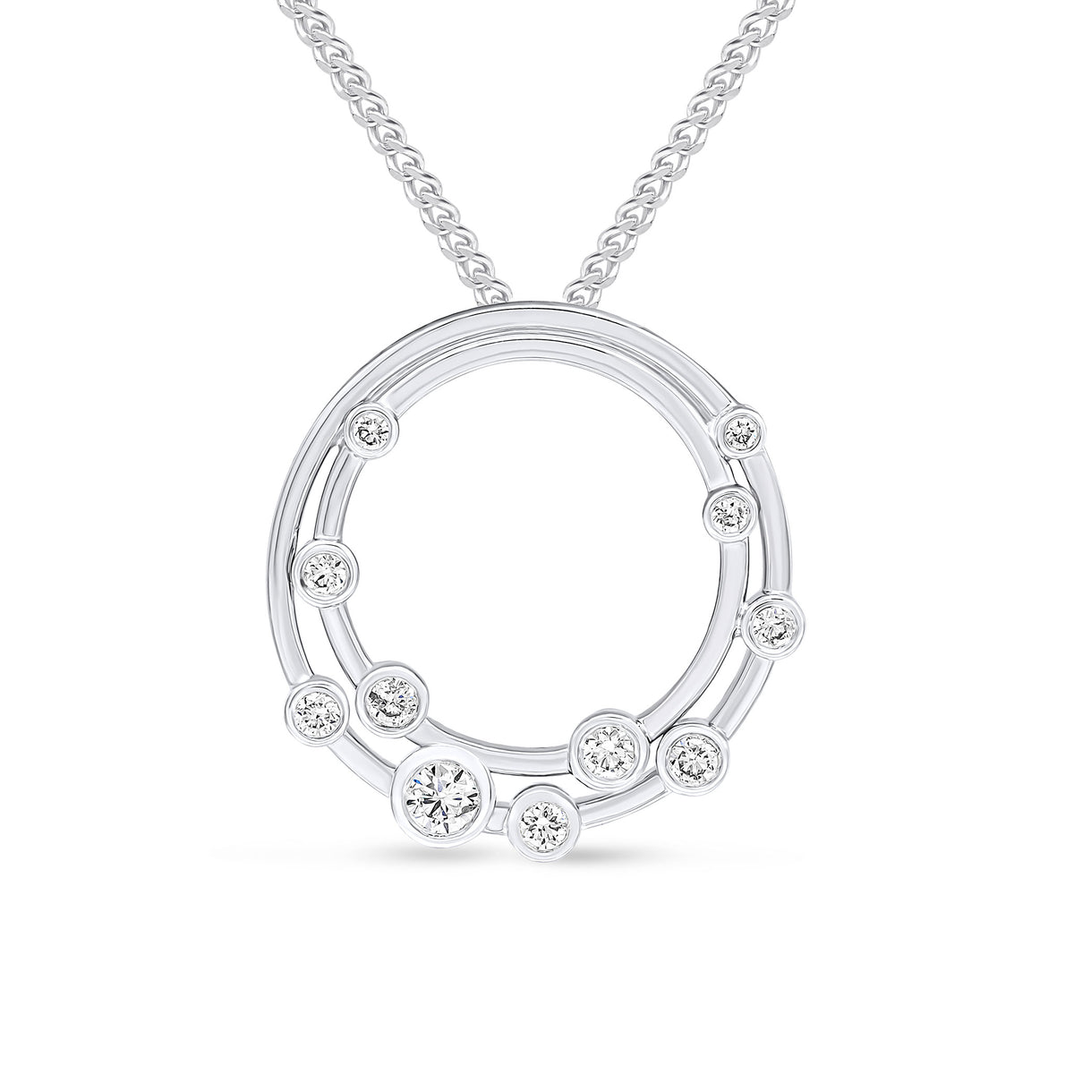 18CT WG RUBOVER ROUND DIAMOND 'BUBBLE' DOUBLE CIRCLE SLIDER PENDANT. 18MM DIAMETER