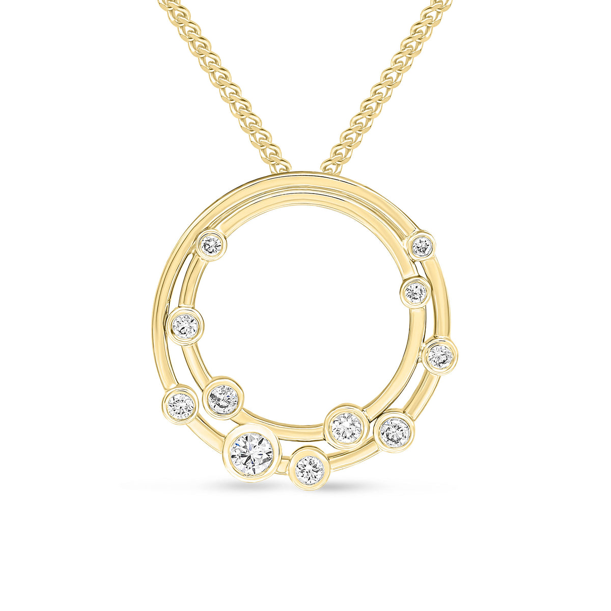 18CT YG RUBOVER ROUND DIAMOND 'BUBBLE' DOUBLE CIRCLE SLIDER PENDANT. 18MM DIAMETER