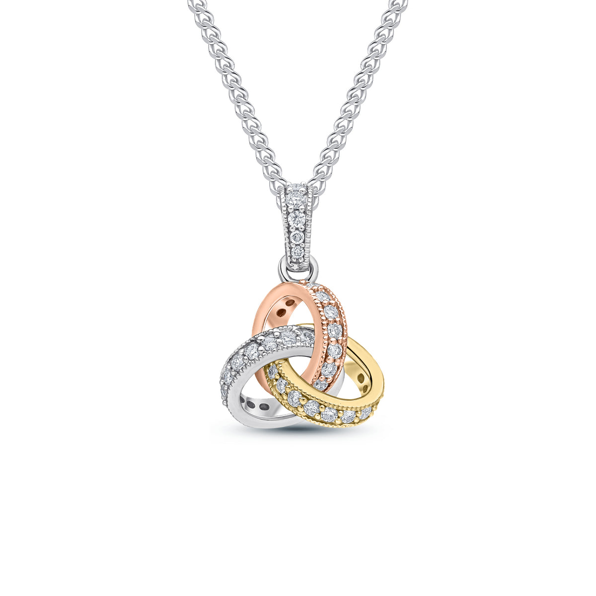 18CT YWRG ROUND DIAMOND GRAIN SET KNOT PENDANT WITH DIAMOND SET LOOP TOP. SMALL
