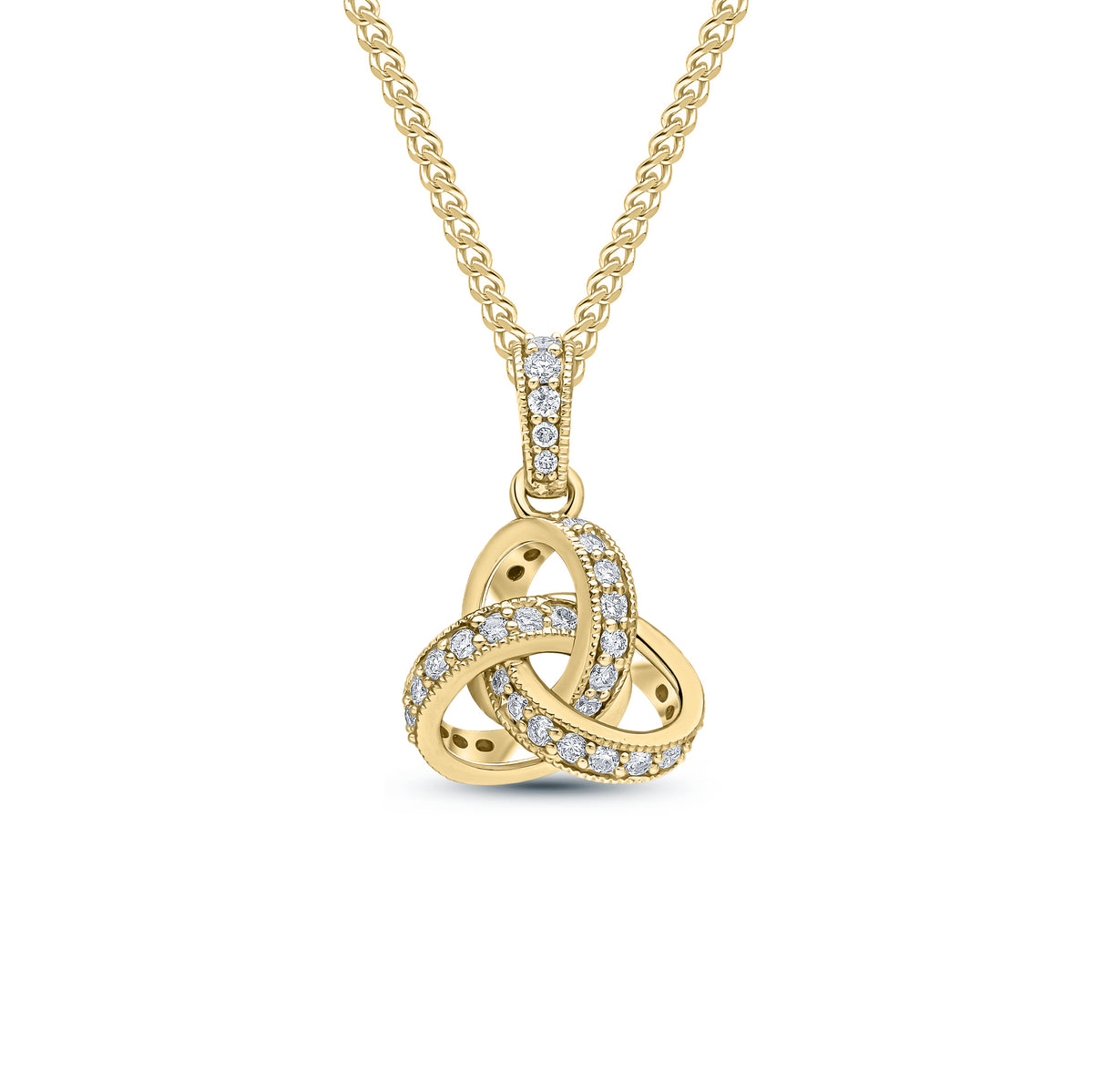 18CT YG ROUND DIAMOND GRAIN SET KNOT PENDANT WITH DIAMOND SET LOOP TOP. SMALL