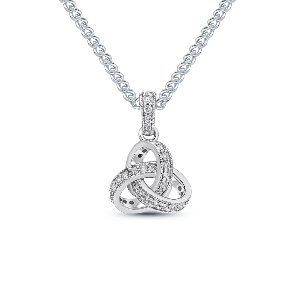 18CT WG ROUND DIAMOND GRAIN SET KNOT PENDANT WITH DIAMOND SET LOOP TOP. SMALL