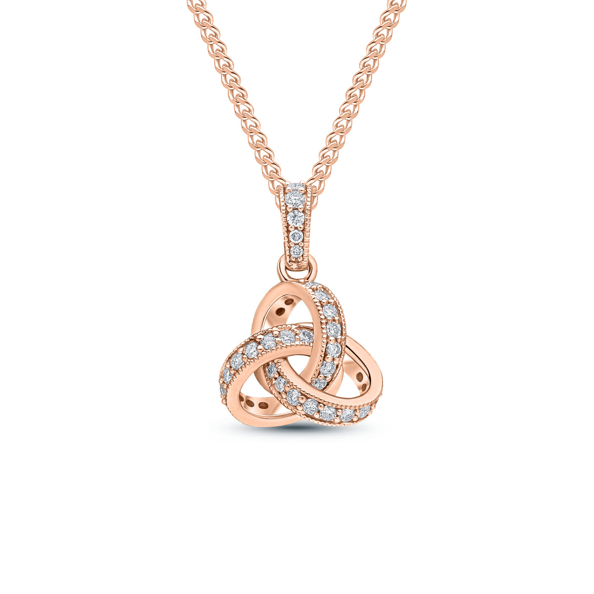 18CT ROSE GOLD ROUND DIAMOND GRAIN SET KNOT PENDANT WITH DIAMOND SET LOOP TOP SMALL