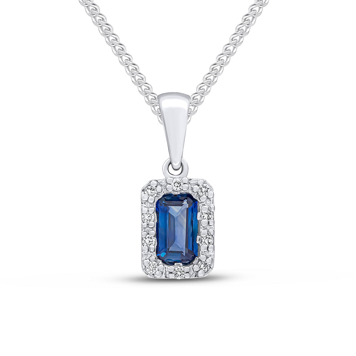 18CT WG OCTAGON SAPPHIRE AND DIAMOND CLAW SET CLUSTER PENDANT