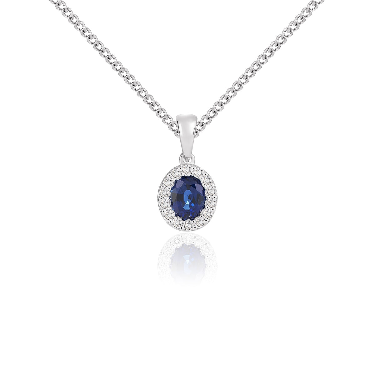 18CT WG 5X4 OVAL SAPPHIRE & DIAMOND MICROSET CLUSTER PENDANT