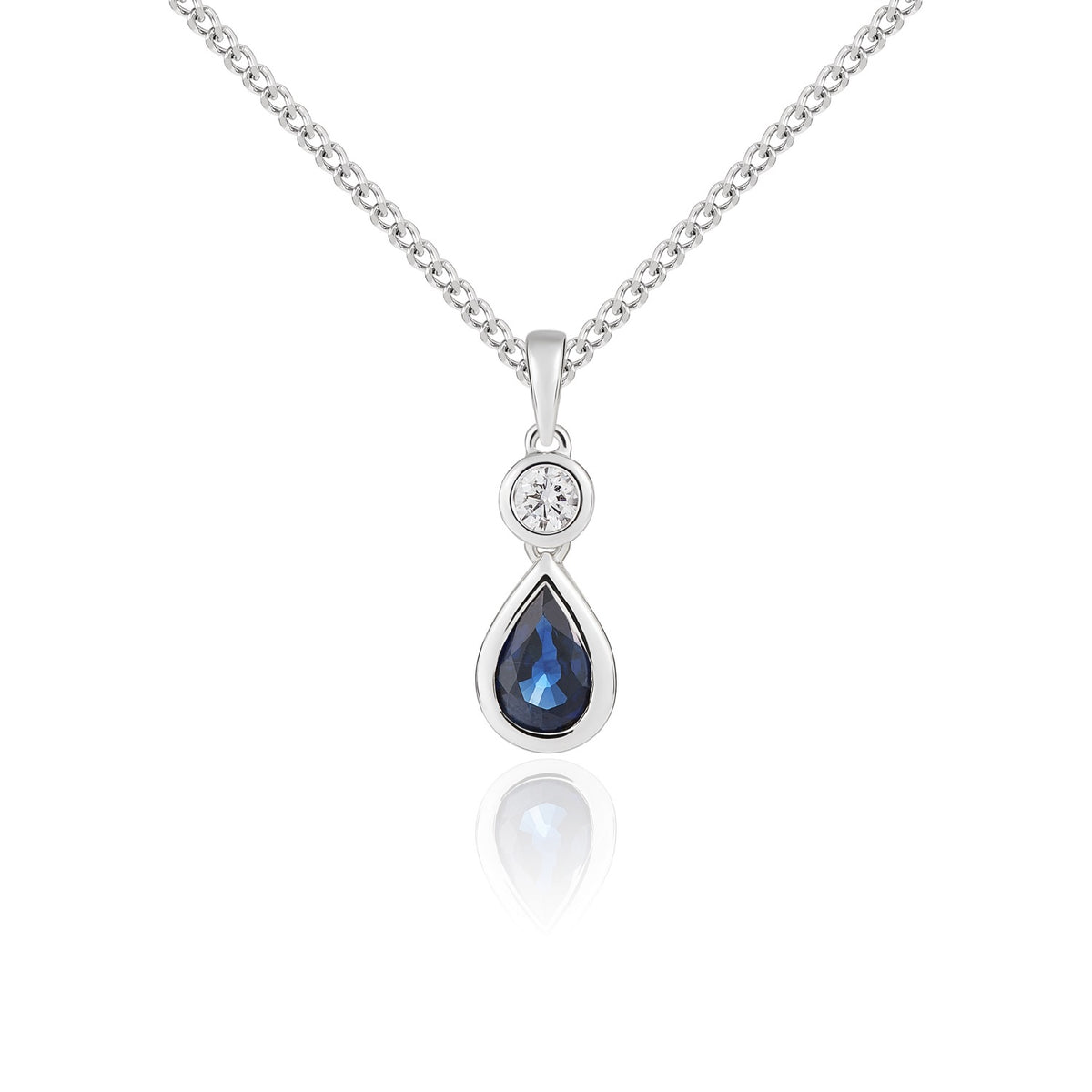 18CT WG PEARSHAPE SAPPHIRE AND ROUND DIAMOND 2ST RUBOVER PENDANT