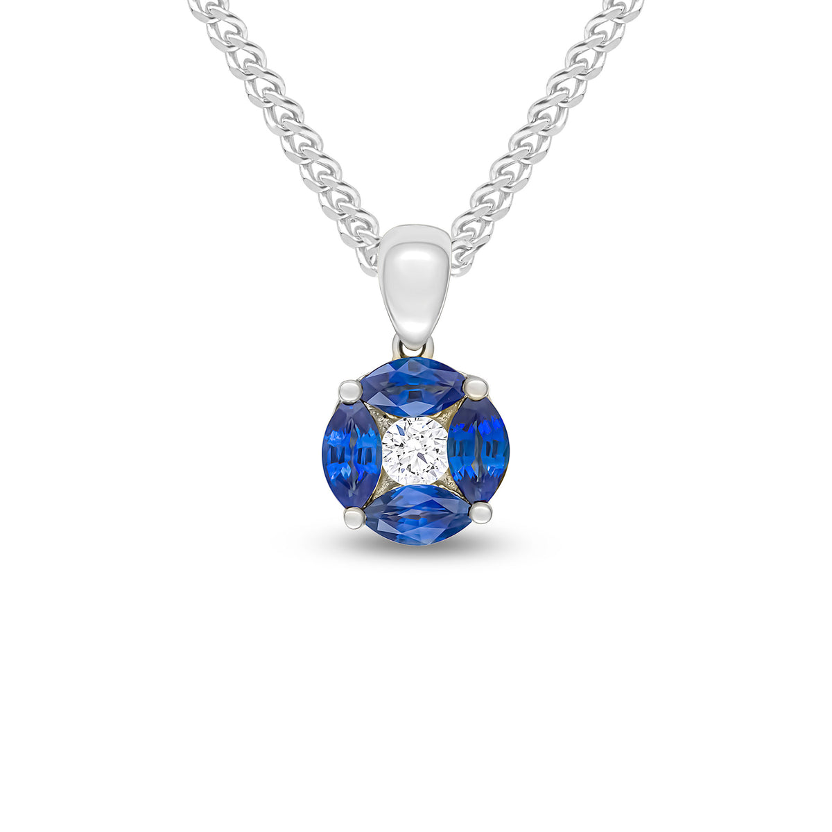 18CT WHITE GOLD MARQUISE SAPPHIRE AND ROUND DIAMOND CLAW SET CLUSTER PENDANT WITH PLAIN LOOP