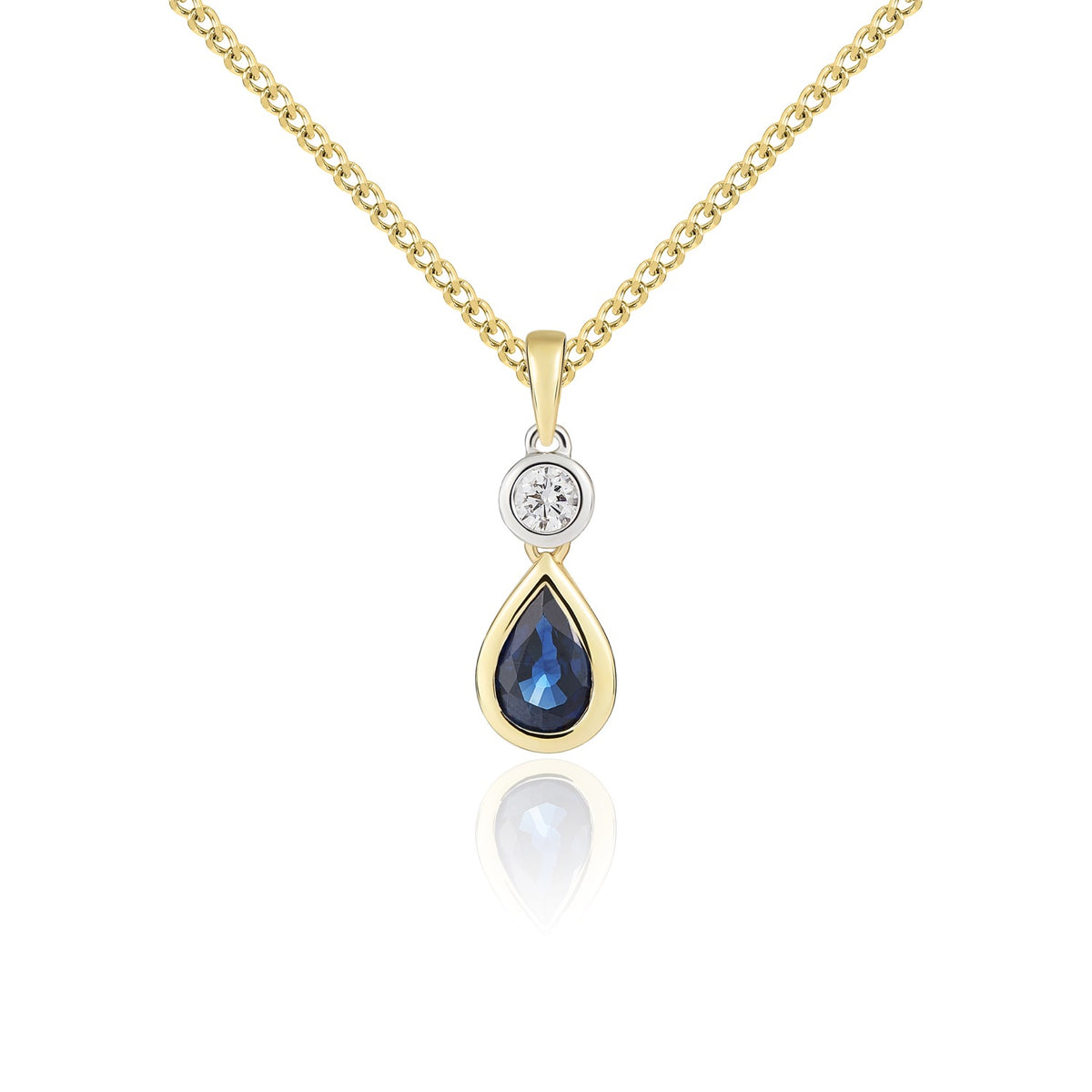 18CT YWG PEARSHAPE SAPPHIRE AND ROUND DIAMOND RUBOVER 2ST PENDANT