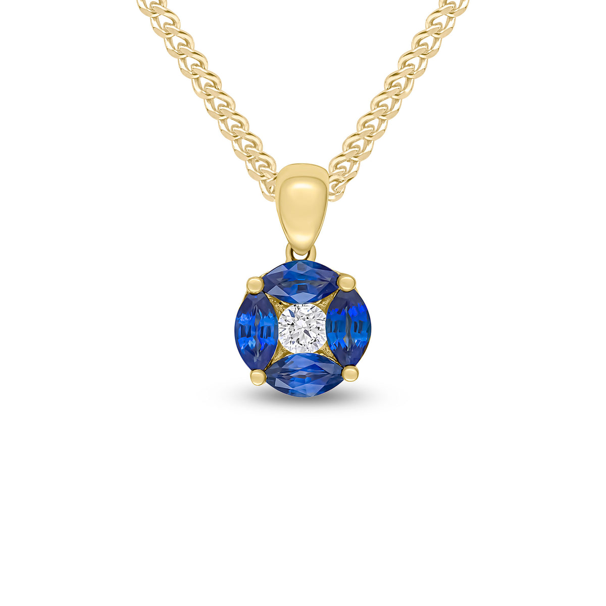 18CT YG MARQUISE SAPPHIRE AND ROUND DIAMOND CLAW SET CLUSTER PENDANT WITH PLAIN LOOP