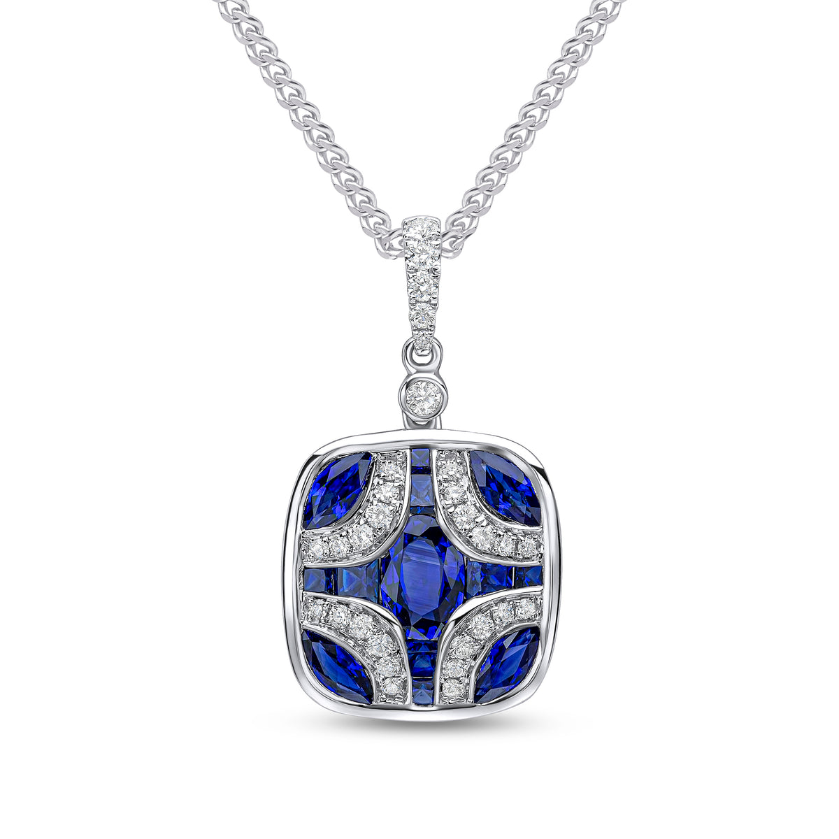 18CT WG SAPPHIRE & DIAMOND SHIELD PENDANT WITH DIAMOND SET LOOP