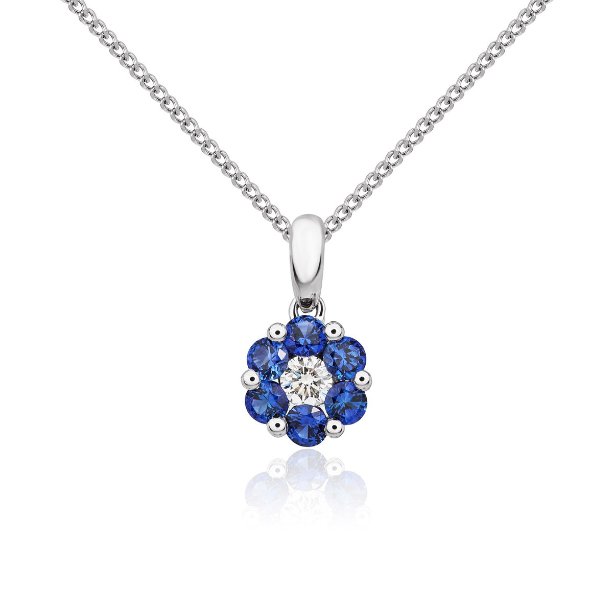18CT WG ROUND SAPPHIRE AND DIAMOND CLAW REVERSE CLUSTER PENDANT