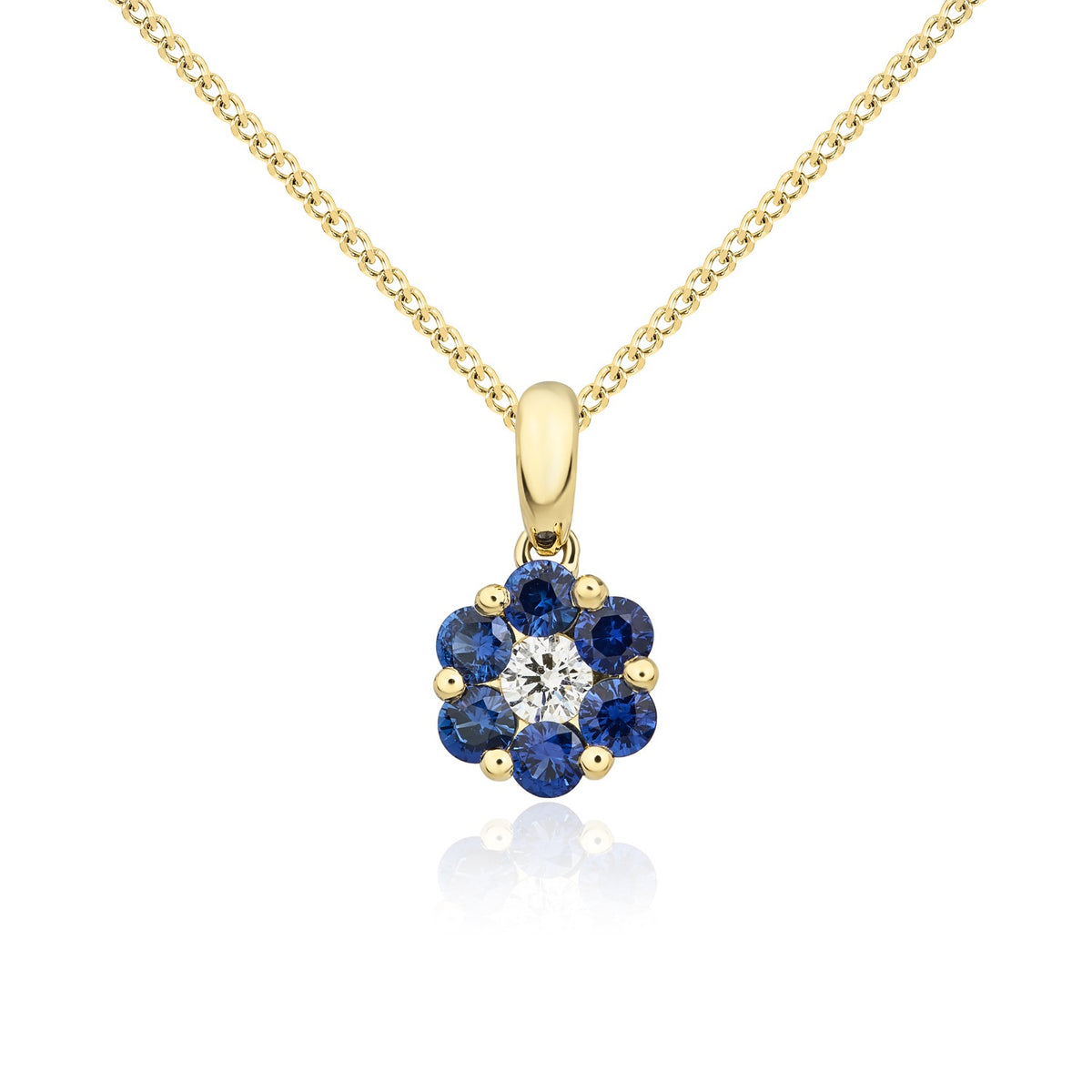 18CT YG ROUND SAPPHIRE AND DIAMOND CLAW REVERSE CLUSTER PENDANT