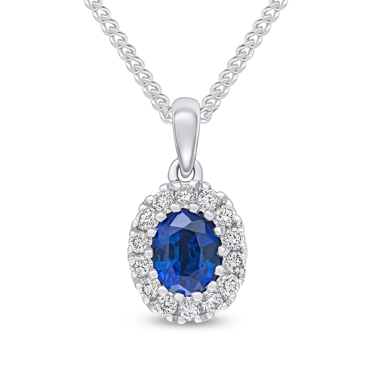 18CT WG 5X4 OVAL SAPPHIRE & DIAMOND CLAW CLUSTER PENDANT