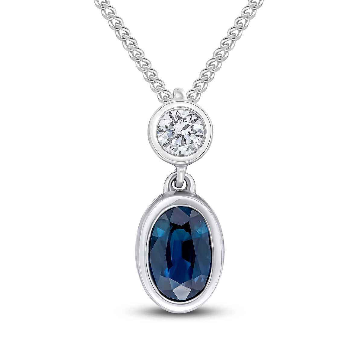 18CT WG OVAL SAPPHIRE & ROUND DIAMOND 2ST RUBOVER SLIDER PENDANT