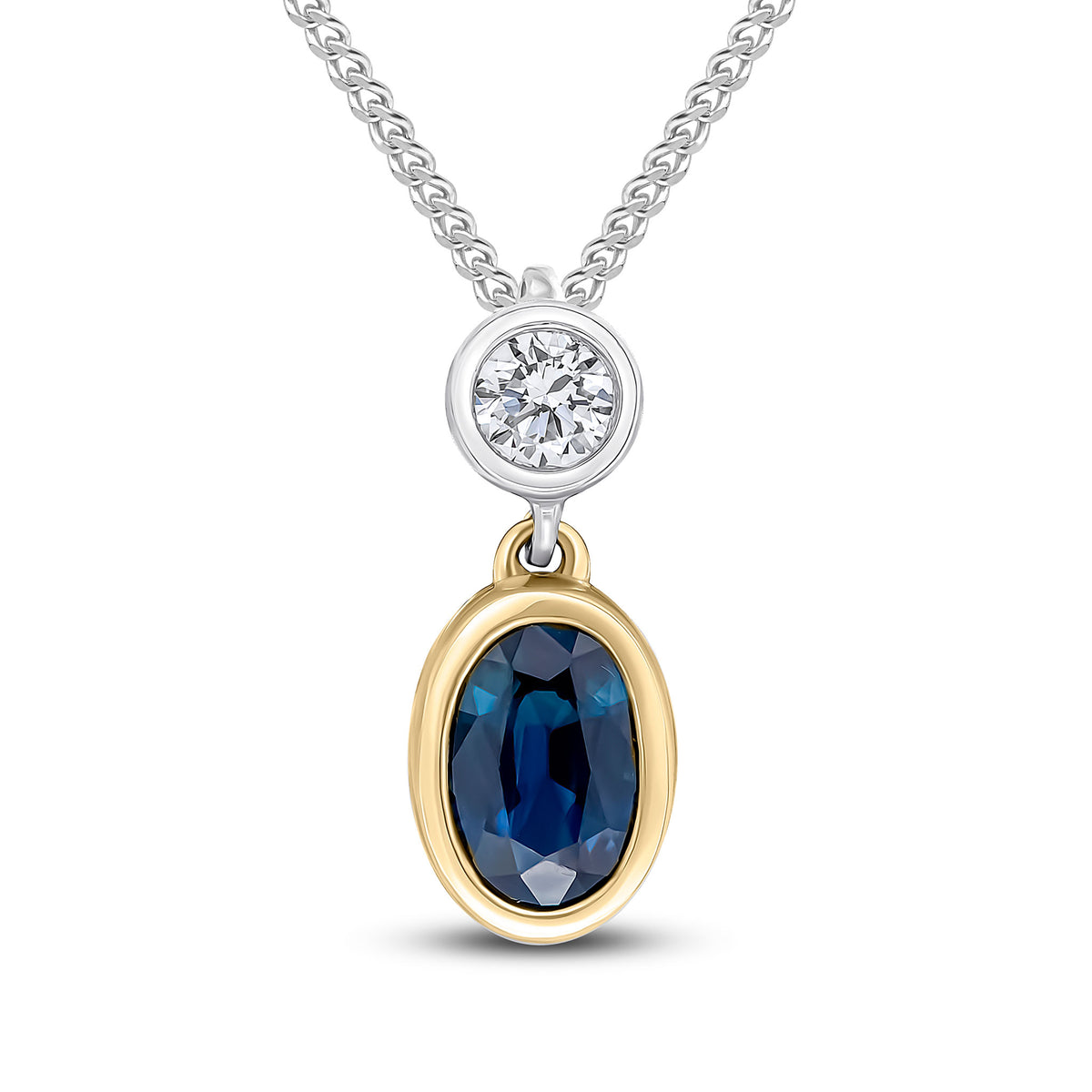18CT YWG OVAL SAPPHIRE & ROUND DIAMOND 2ST RUBOVER SLIDER PENDANT