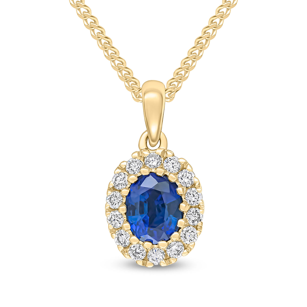18CT YG 5X4 OVAL SAPPHIRE & DIAMOND CLAW SET CLUSTER PENDANT
