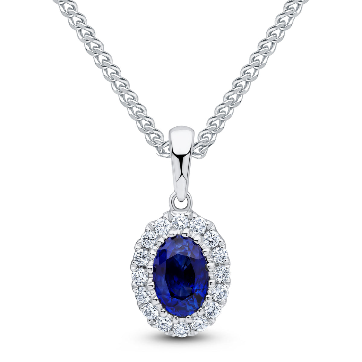 18CT WG 6X4 OVAL SAPPHIRE AND ROUND DIAMOND CLAW CLUSTER PENDANT WITH PLAIN LOOP TOP