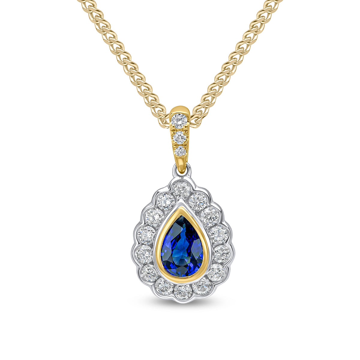 18CT YWG PEARSHAPE SAPPHIRE AND ROUND DIAMOND RUBOVER CLUSTER PENDANT. CLAW SET DIAMOND LOOP
