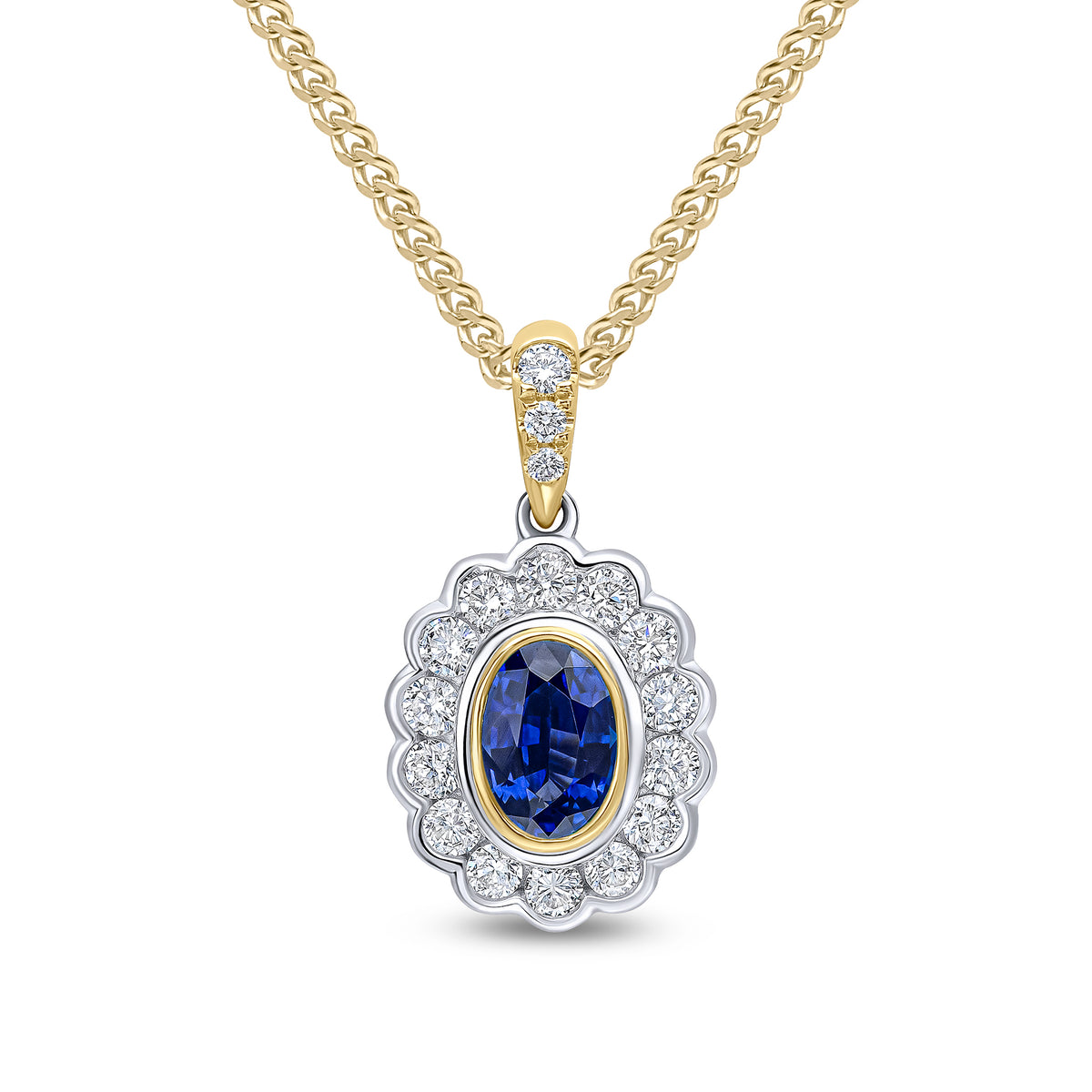18CT YWG OVAL SAPPHIRE AND ROUND DIAMOND RUBOVER CLUSTER PENDANT. CLAW SET DIAMOND LOOP
