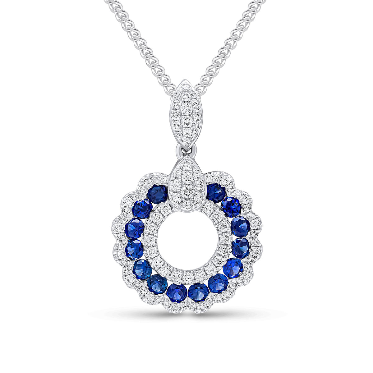 18CT WHITE GOLD ROUND SAPPHIRE AND DIAMOND SCALLOPED EDGE CIRCLE PENDANT WTIH PAVE DIAMOND MARQUISE SHAPE TOP