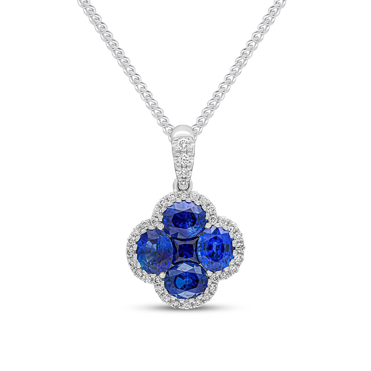 18CT WG OVAL AND SQUARE SAPPHIRE AND DIAMOND QUATREFOIL CLUSTER PENDANT WITH DIAMOND SET LOOP TOP