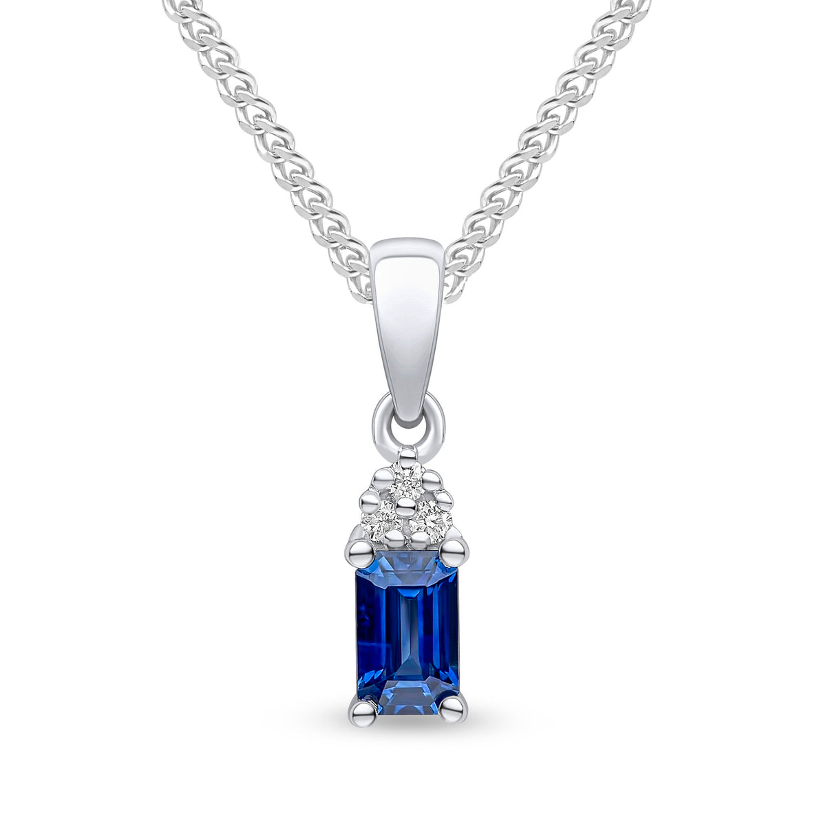 18CT WG 5X3 OCTAGON SAPPHIRE AND ROUND DIAMOND TREFOIL TOP PENDANT WITH PLAIN LOOP TOP