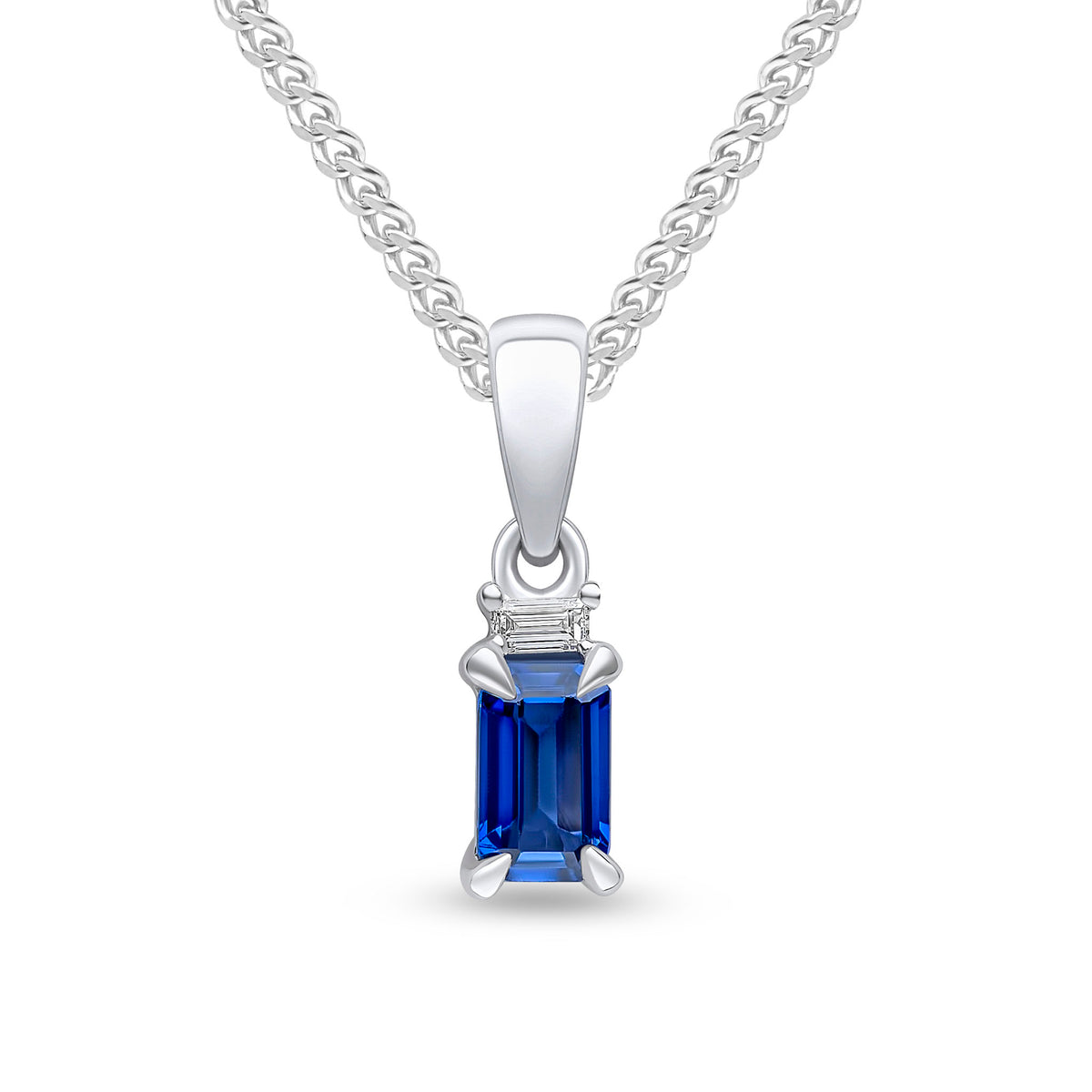 18CT WG 5X3 OCTAGON SAPPHIRE AND BAGUETTE DIAMOND 2ST PENDANT WITH PLAIN LOOP TOP