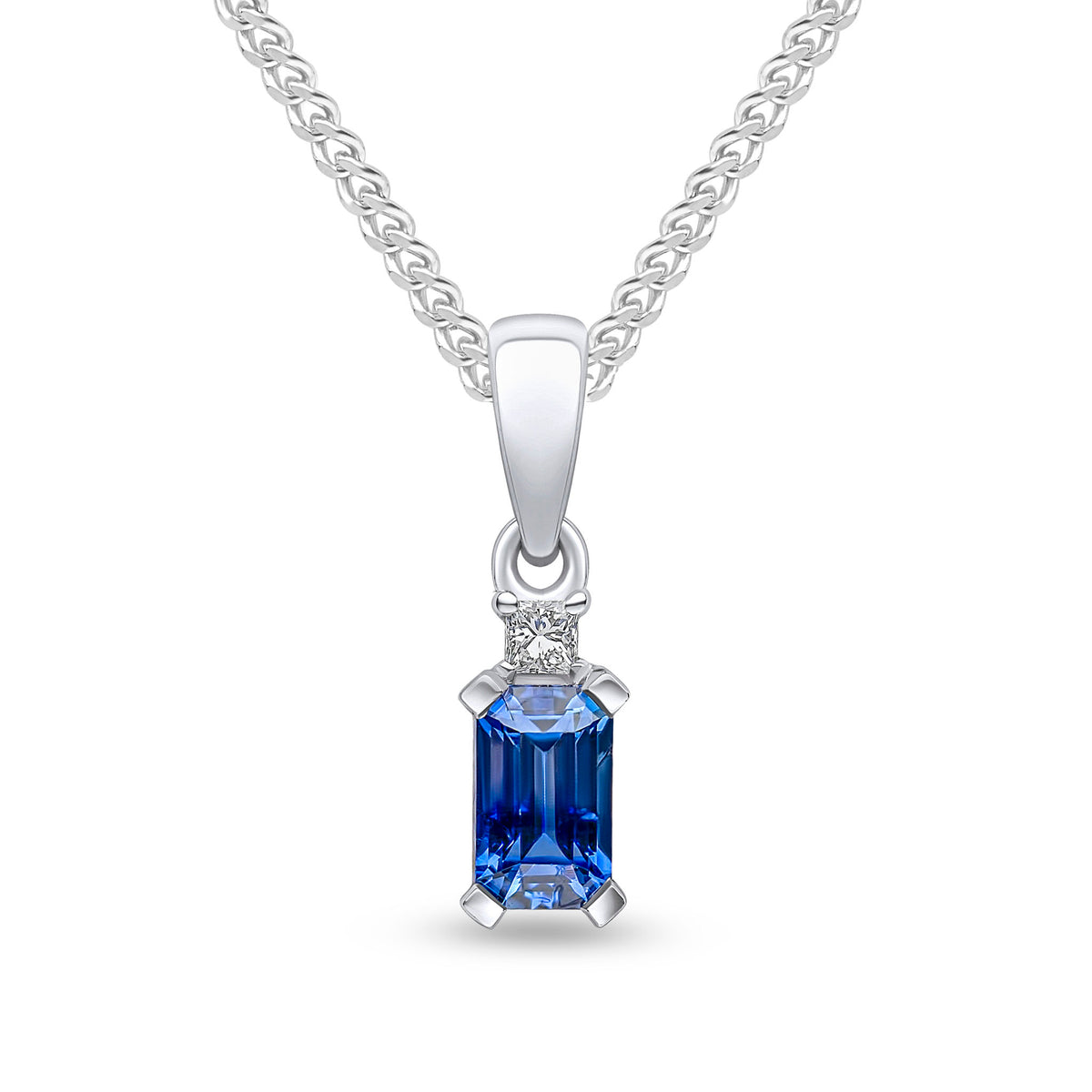 18CT WG 5X3 OCTAGON SAPPHIRE AND PRINCESS CUT DIAMOND 2ST PENDANT WITH PLAIN LOOP TOP
