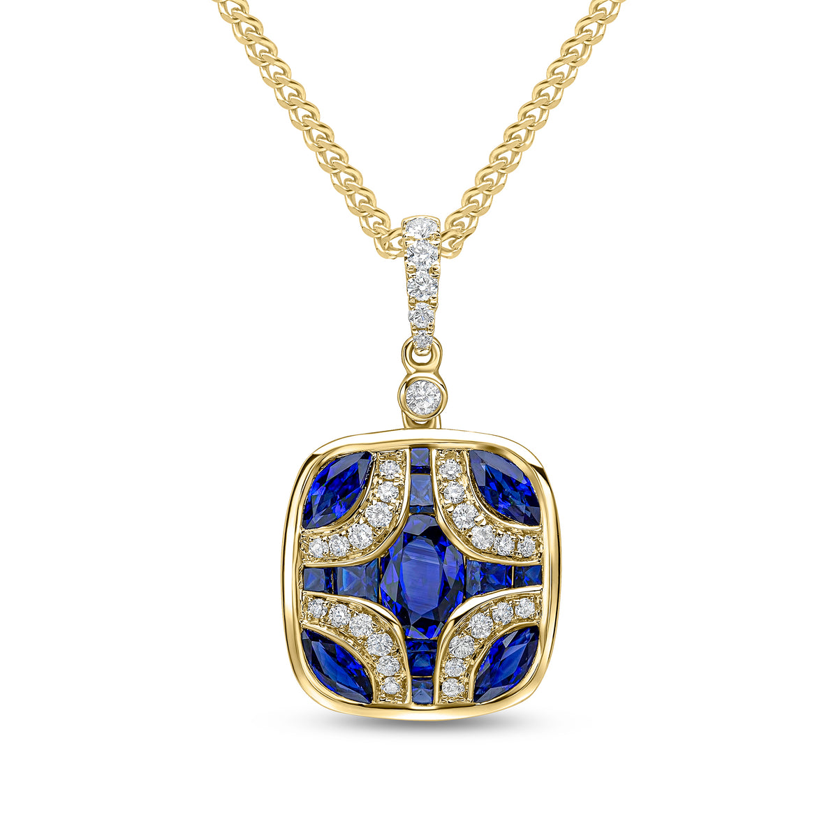 18CT YG SAPPHIRE & DIAMOND SHIELD PENDANT WITH DIAMOND SET LOOP