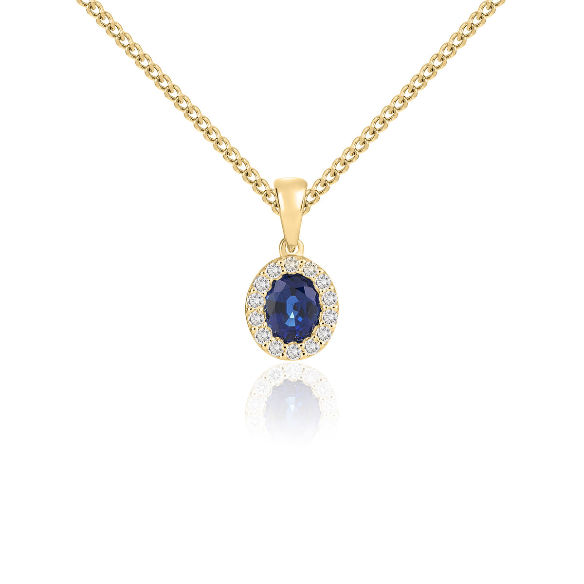 18CT YG 5X4 OVAL SAPPHIRE & DIAMOND MICROSET CLUSTER PENDANT