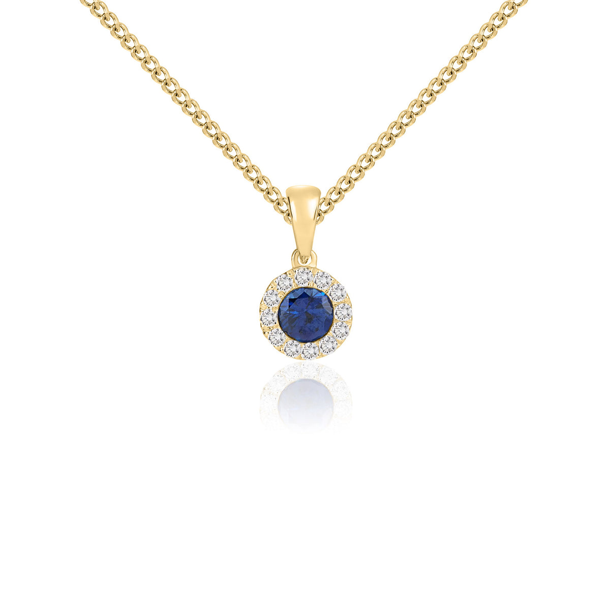 18CT YG 4MM ROUND SAPPHIRE AND DIAMOND MICROSET CLUSTER PENDANT WITH PLAIN LOOP