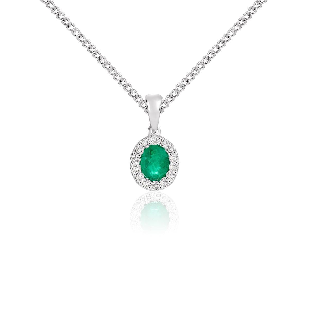 18CT WG 5X4 OVAL EMERALD & DIAMOND MICROSET CLUSTER PENDANT