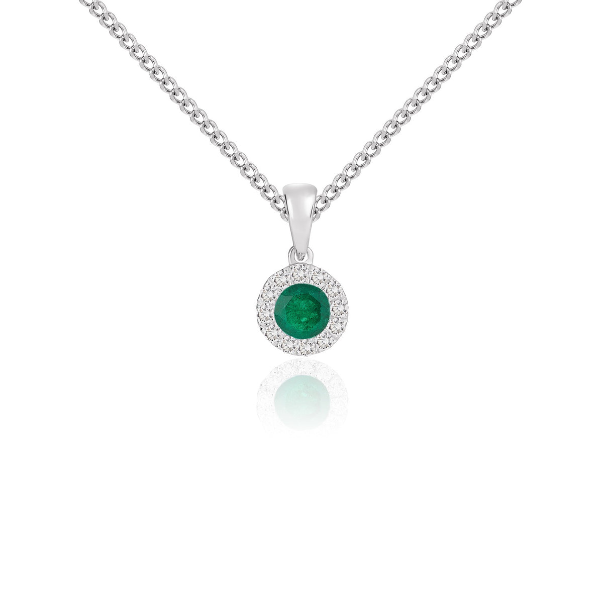 18CT WG 4MM ROUND EMERALD AND DIAMOND MICROSET CLUSTER PENDANT WITH PLAIN LOOP