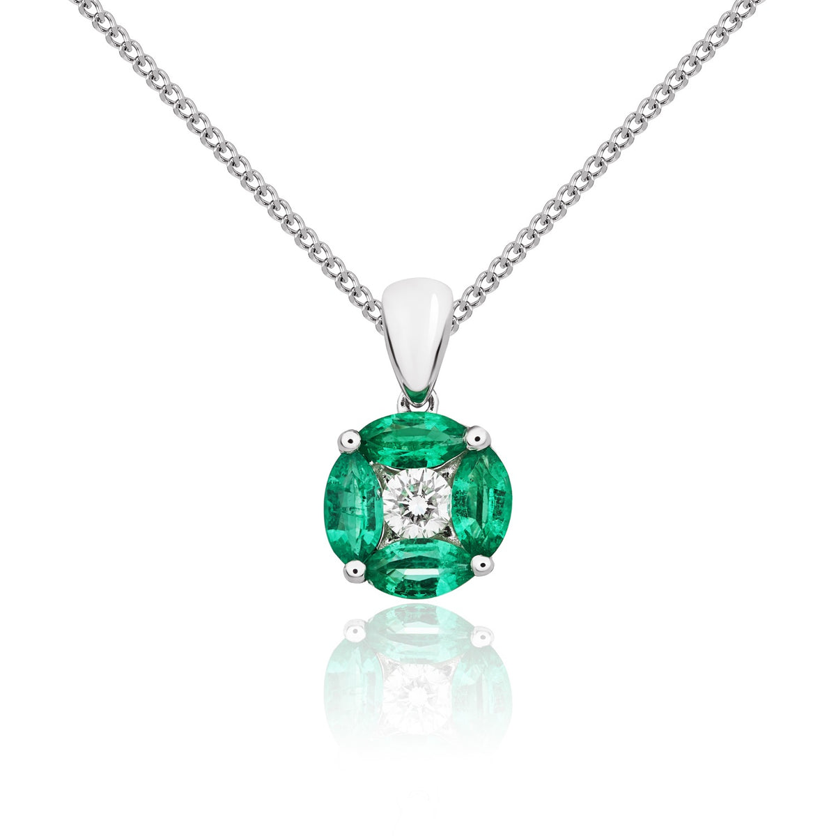 18CT WG MARQUISE EMERALD AND ROUND DIAMOND CLAW SET CLUSTER PENDANT WITH PLAIN LOOP