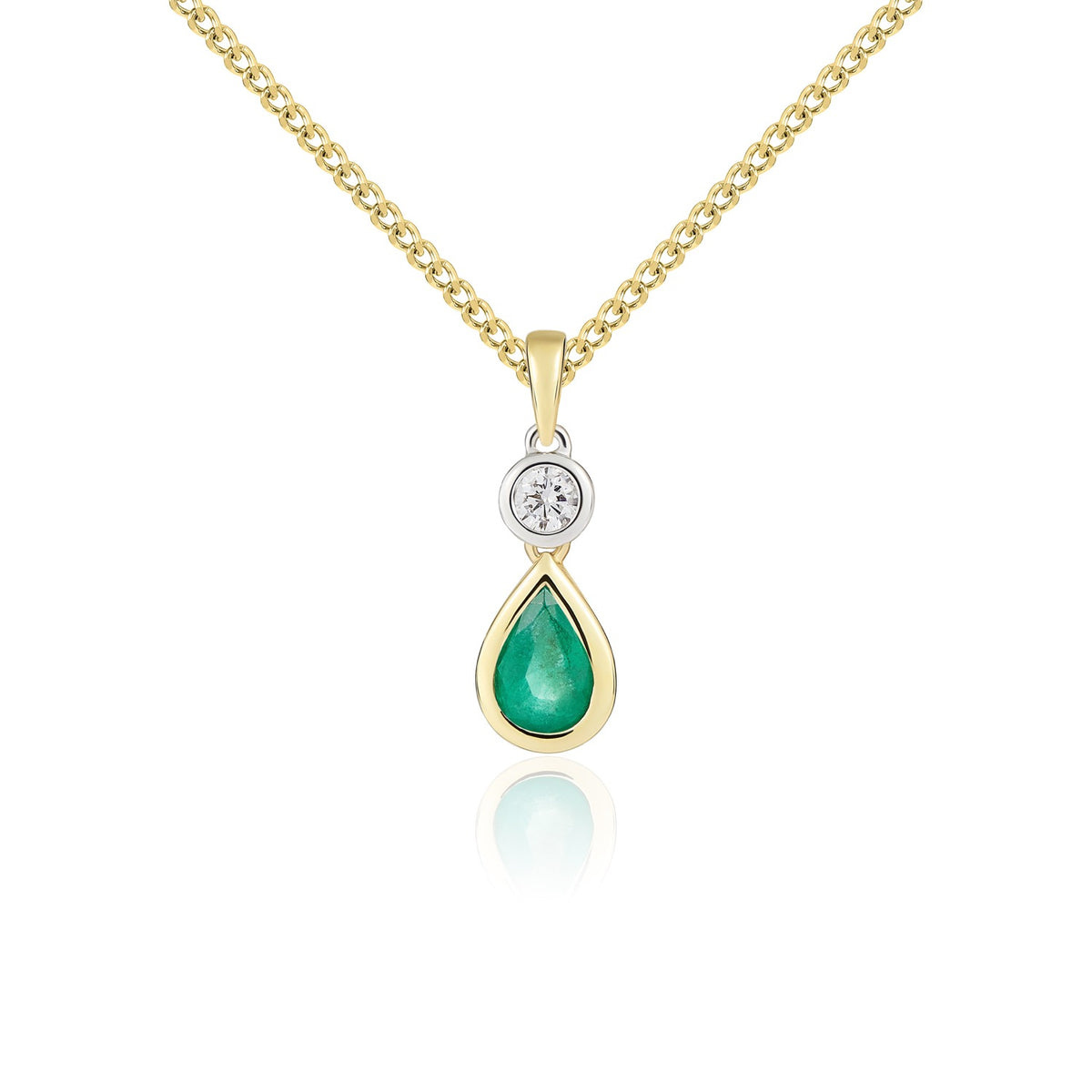 18CT YWG PEARSHAPE EMERALD AND ROUND DIAMOND RUBOVER 2ST PENDANT