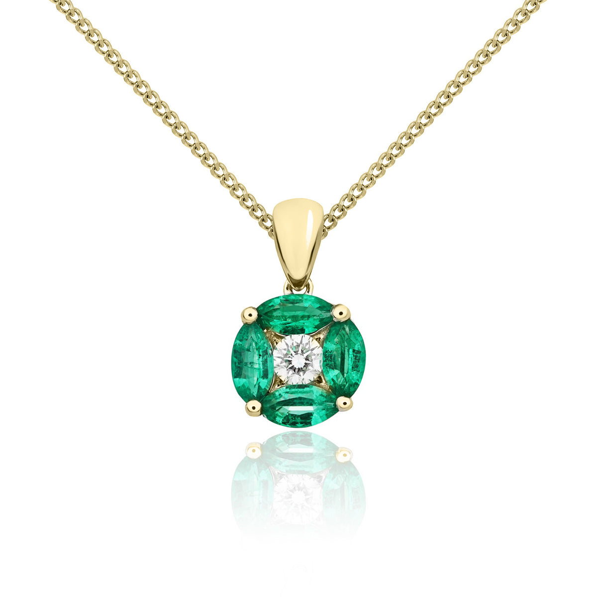 18CT YG MARQUISE EMERALD AND ROUND DIAMOND CLAW SET CLUSTER PENDANT WITH PLAIN LOOP