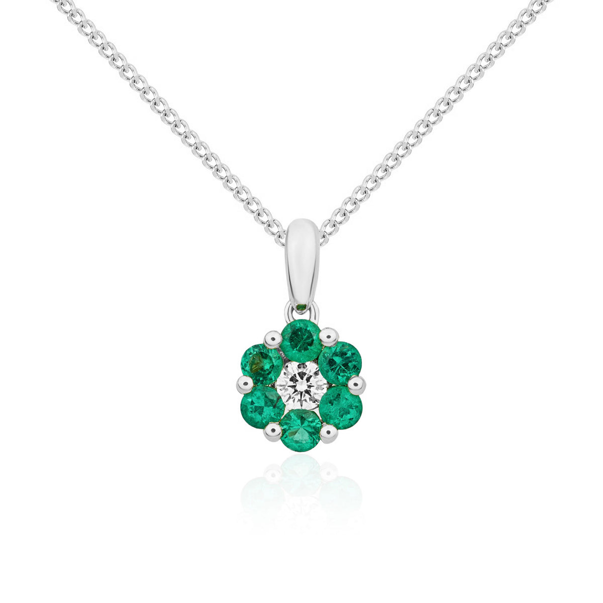 18CT WG ROUND EMERALD AND DIAMOND CLAW REVERSE CLUSTER PENDANT