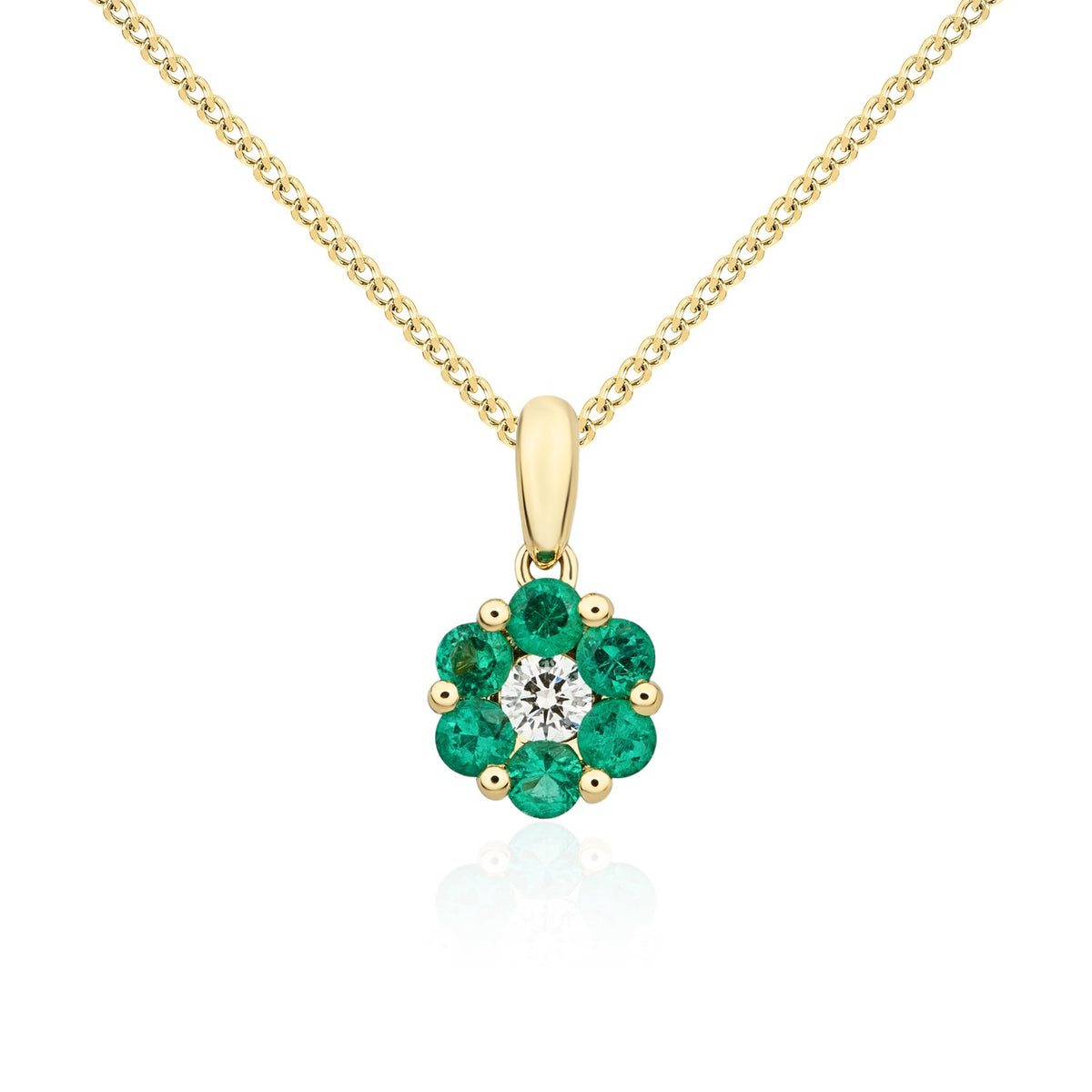18CT YG ROUND EMERALD AND DIAMOND CLAW REVERSE CLUSTER PENDANT