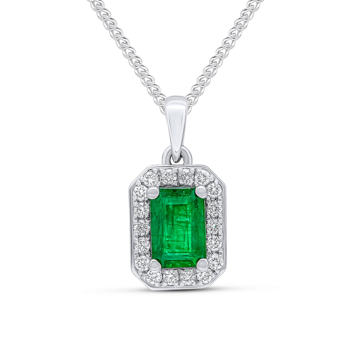 18CT WG 6X4 OCTAGON EMERALD AND ROUND DIAMOND CLAW SET CLUSTER PENDANT