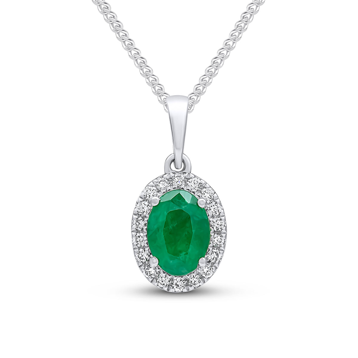 18CT WG 7X5 OVAL EMERALD & DIAMOND CLAW CLUSTER PENDANT