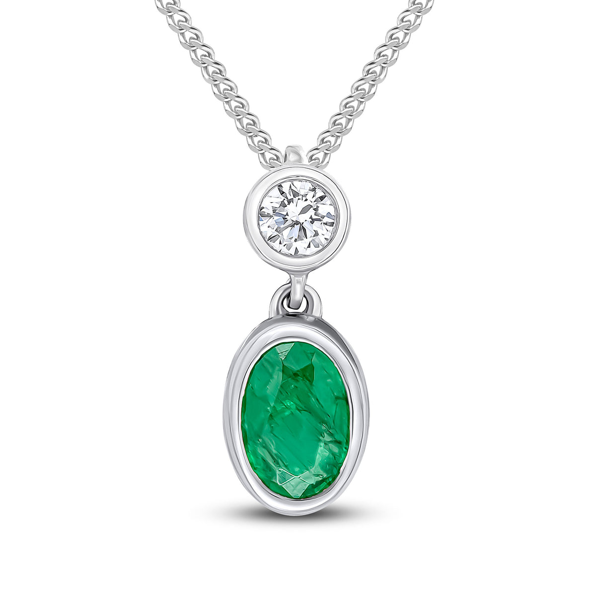 18CT WG OVAL EMERALD & ROUND DIAMOND 2ST RUBOVER SLIDER PENDANT