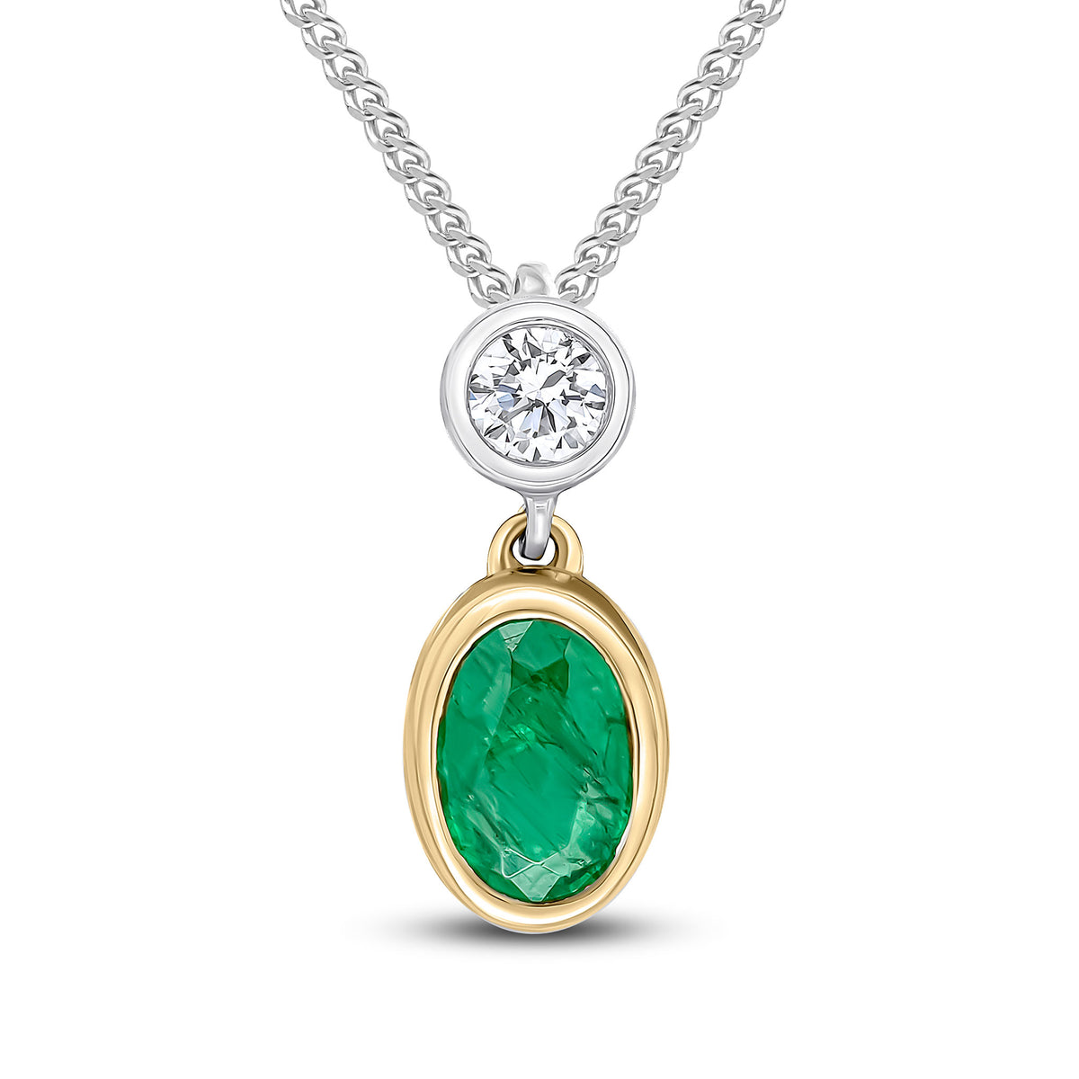 18CT YWG OVAL EMERALD & ROUND DIAMOND 2ST RUBOVER SLIDER PENDANT