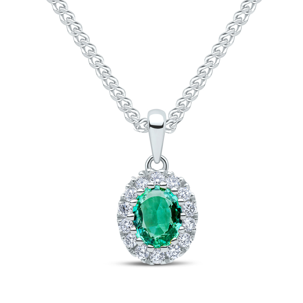 18CT WG 5X4 OVAL EMERALD & DIAMOND CLAW SET CLUSTER PENDANT