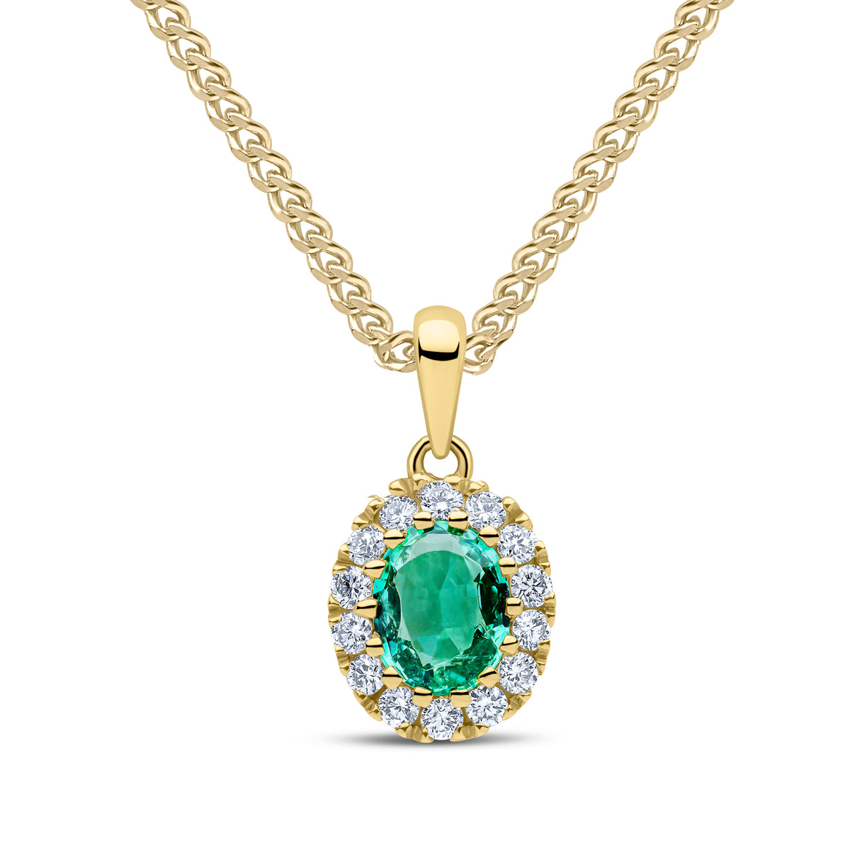 18CT YG 5X4 OVAL EMERALD & DIAMOND CLAW SET CLUSTER PENDANT