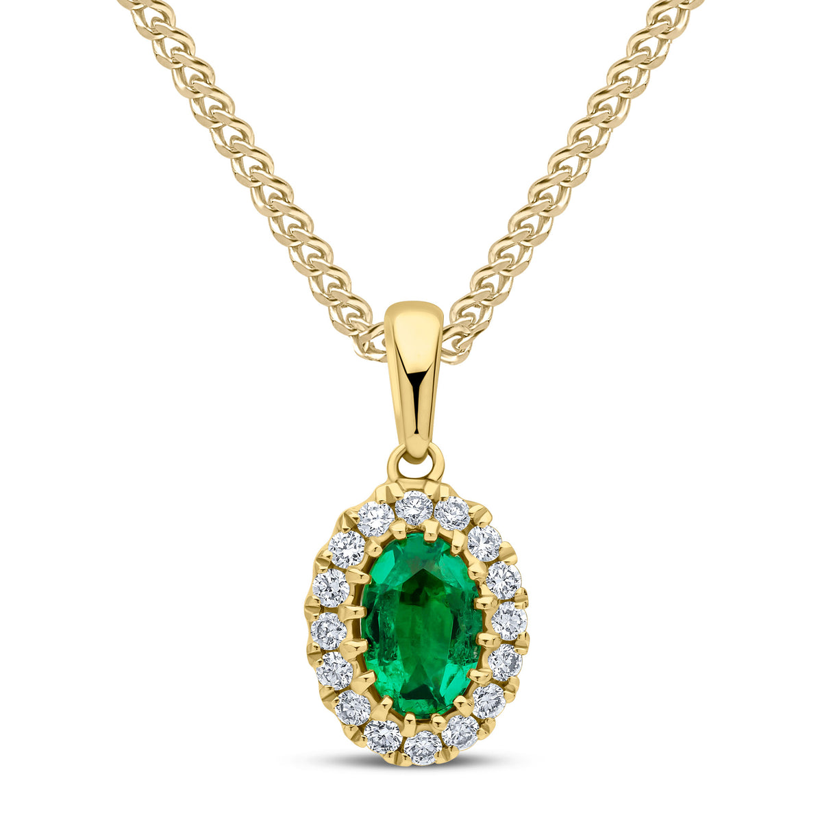 18CT YG 6X4 OVAL EMERALD AND ROUND DIAMOND CLAW SET CLUSTER PENDANT
