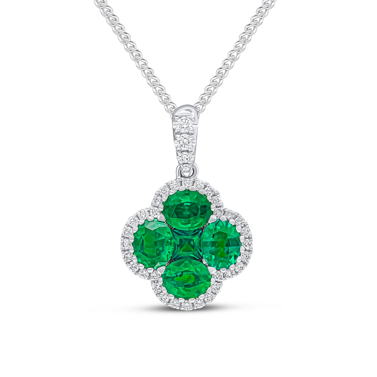18CT WG OVAL AND SQUARE EMERALD AND ROUND DIAMOND QUATREFOIL PENDANT WITH DIAMOND SET LOOP
