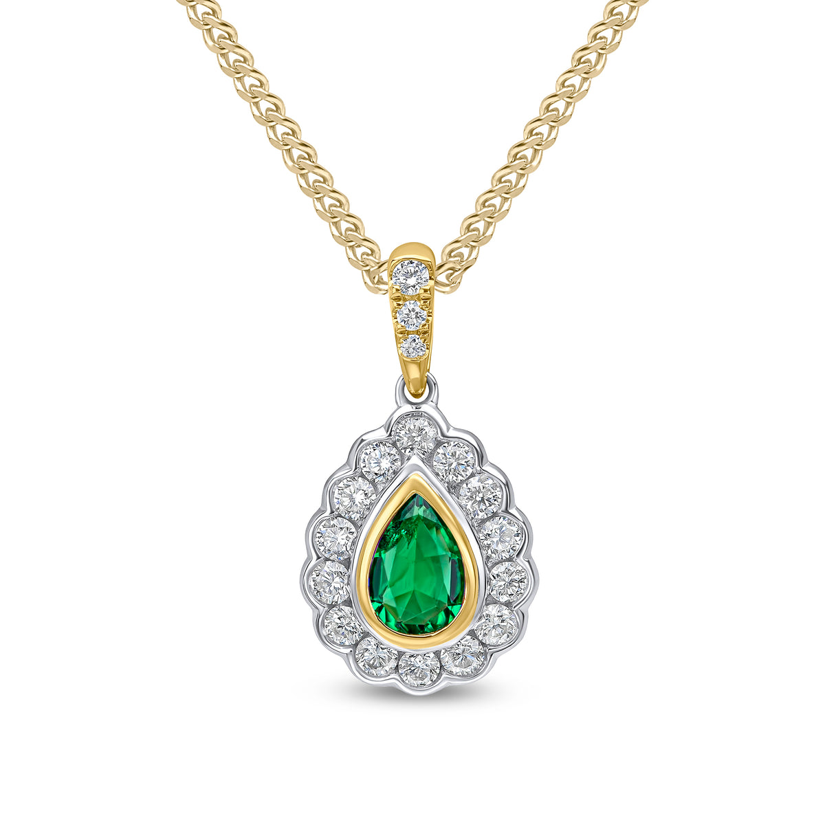 18CT YWG PEARSHAPE EMERALD AND ROUND DIAMOND RUBOVER CLUSTER PENDANT. CLAW SET DIAMOND LOOP